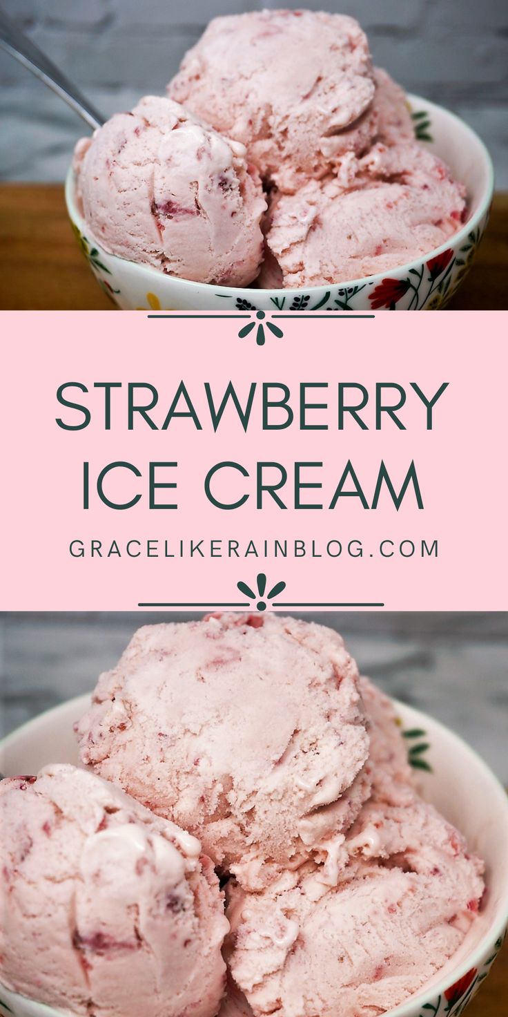 strawberry ice cream in a bowl with text overlay that reads strawberry icecream