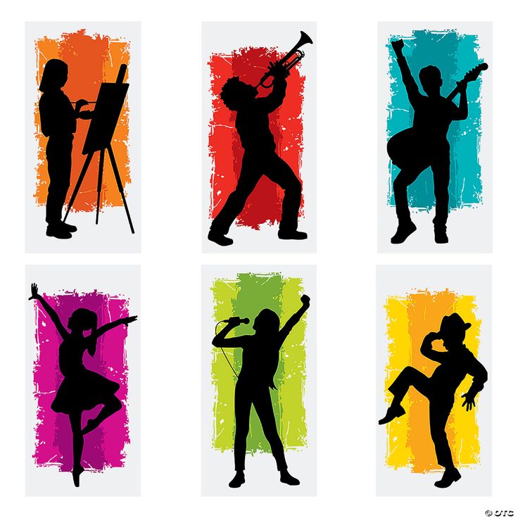 six silhouettes of people with musical instruments in different colors and styles, each holding an easel