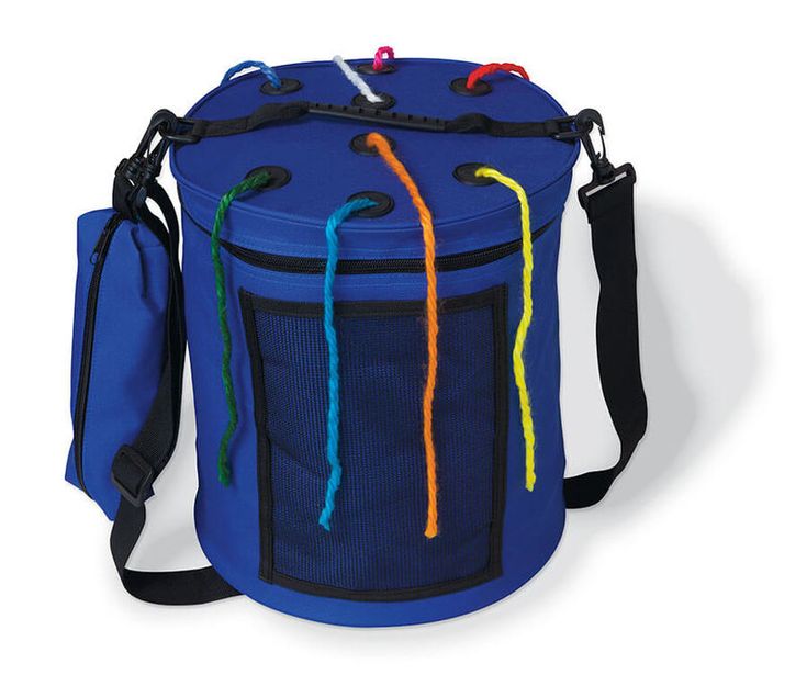 an image of a blue bag with strings on it's handle and strap around the bottom