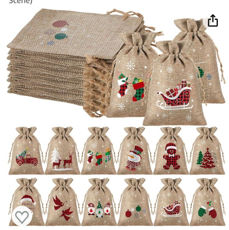 the bags are filled with different types of christmas decorations and designs on burlocks