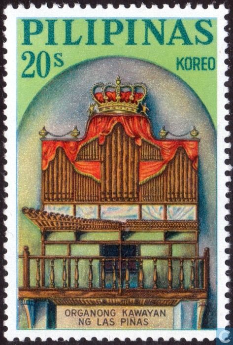 a stamp with an image of a pipe organ and the words, 5 cents korea