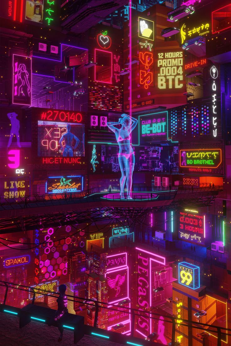 the neon city is lit up with neon lights and signs on it's walls