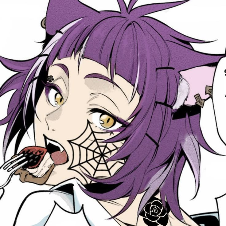 an anime character with purple hair eating something out of his mouth and looking at the camera