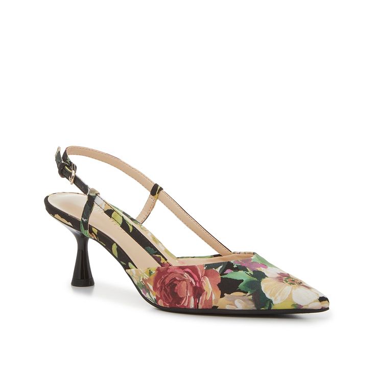 Nine West-Rillas Pump Dance the night away in the Rillas pumps from Nine West. This classic pair is complete with a sleek pointed toe, a trendy kitten heel, and a secure slingback strap design. Featuring a floral print that adds a feminine touch. Spring Kitten Heels With Padded Heel And Pointed Toe, Spring Slingback Kitten Heels With Heel Strap, Spring Ankle Strap Kitten Heels With 4-inch Heel, Fitted High Heel Slingback Pumps For Spring, Spring Slingback Fitted Heels, Spring Slingback Pumps With 4-inch Heel And Pointed Toe, Spring Slingback Heels, Fitted Slingback Pumps With Heel Strap For Spring, Spring Evening Kitten Heels With Pointed Toe