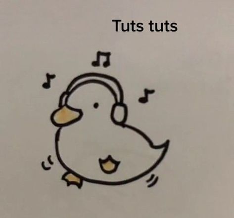 a drawing of a duck with headphones and music notes on its ears, in front of the words tuts tuts