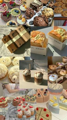 a collage of pictures with different types of desserts and pastries on display