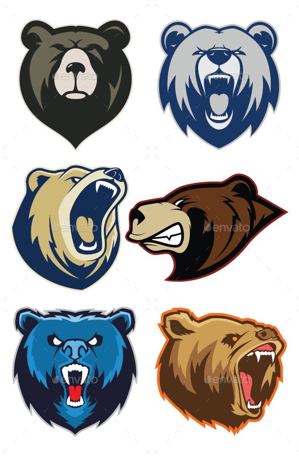 four different colored bears with their mouths open and one bear's head in the middle