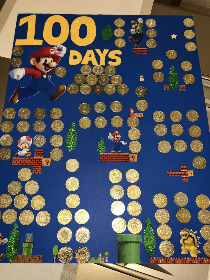 a poster with coins on it that says 100 days and has mario running in the middle