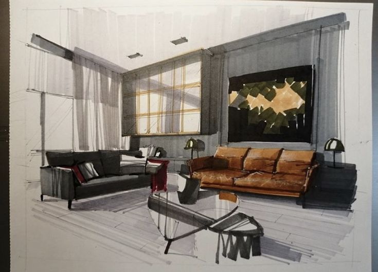 a drawing of a living room with couches, chairs and paintings on the wall