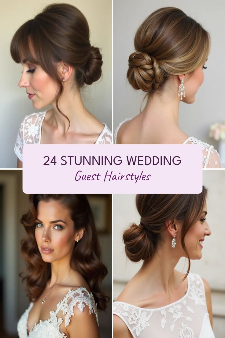 Looking for the perfect hairstyle to shine at the next wedding? Check out these 24 stunning guest hairstyles that will ensure you look fabulous! From elegant updos with bangs to chic low ponytails with twists, we've got styles for every personality. Try classic old Hollywood waves for a timeless look, or go for an effortless loose and low ponytail that’s oh-so-stylish. Each hairstyle is designed to complement your outfit and help you make a statement while you celebrate love. Hair inspo is just a click away! Wedding Guest Hairstyles Humidity, Hair And Makeup For Wedding Guest, Formal Gala Hairstyles, Wedding Guest Hairstyles High Neck Dress, Twisted Updo Wedding, Fine Hair Hairstyles Wedding, Black Tie Optional Hairstyles, Bridesmaid High Ponytail Hairstyles, Down Hairstyles Wedding Guest