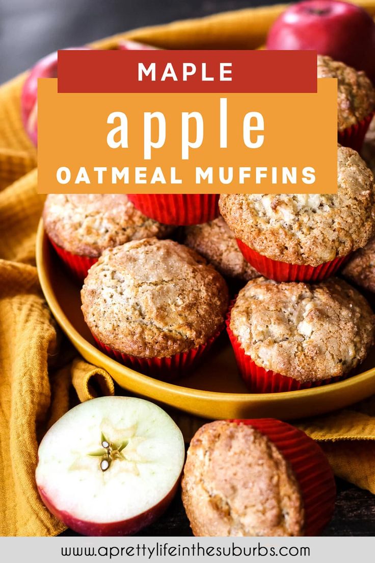 apple oatmeal muffins on a yellow plate with an orange napkin