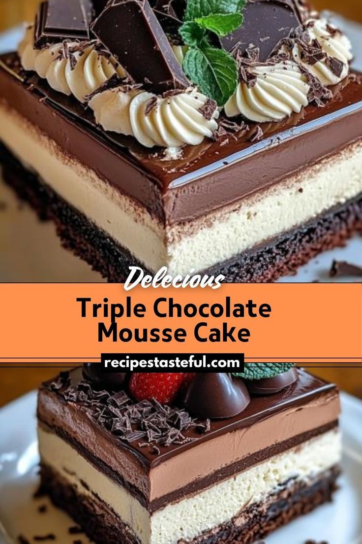 a triple chocolate mousse cake on a white plate