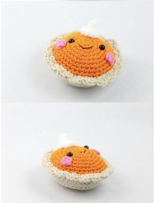 crocheted orange and white object with pink nose on it's head, in three different views