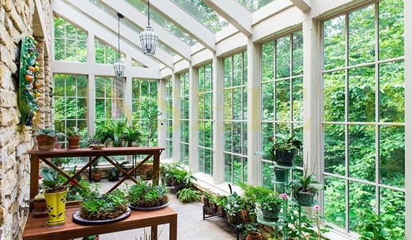 the inside of a greenhouse with lots of plants and potted plants on tables in front of large windows