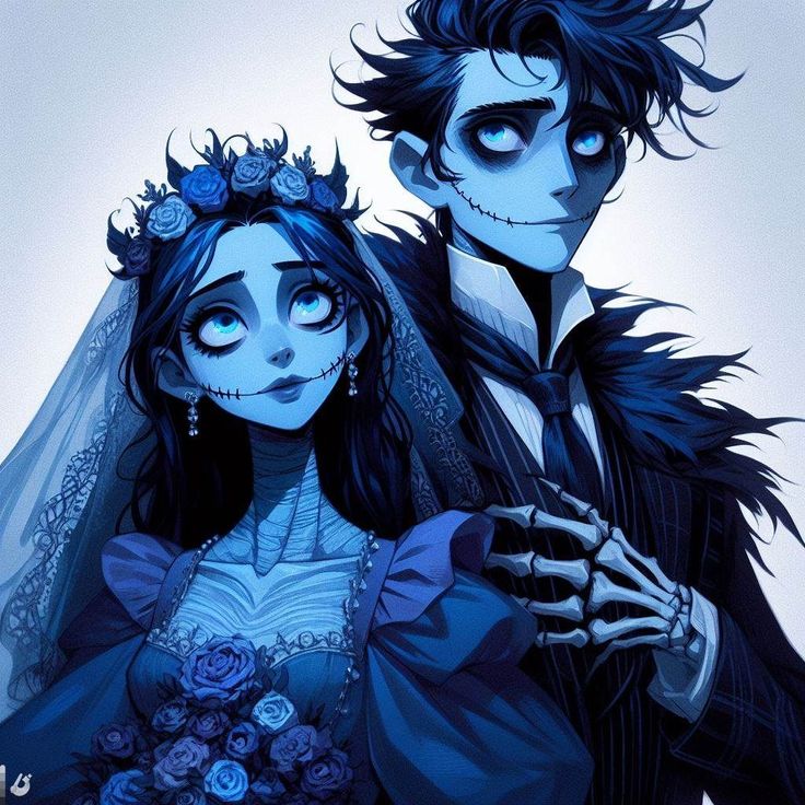 a couple dressed up as corpse brides with blue eyes and black hair standing next to each other