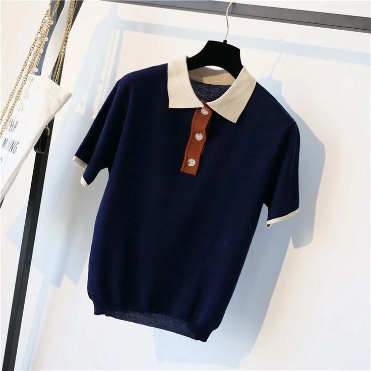 Polo Collar Buttons Knitted Shirt – Tomscloth Knitted Shirt, Baby Tees Y2k, Y2k Baby Tee, Short Sleeve Pullover, Loose Shorts, Leather Mini Skirts, Comfy Hoodies, Construction Materials, Collar Shirt