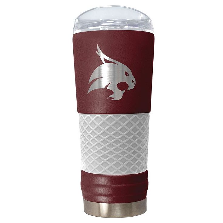 a red and white tumbler cup with an eagle on the side, in front of a white background