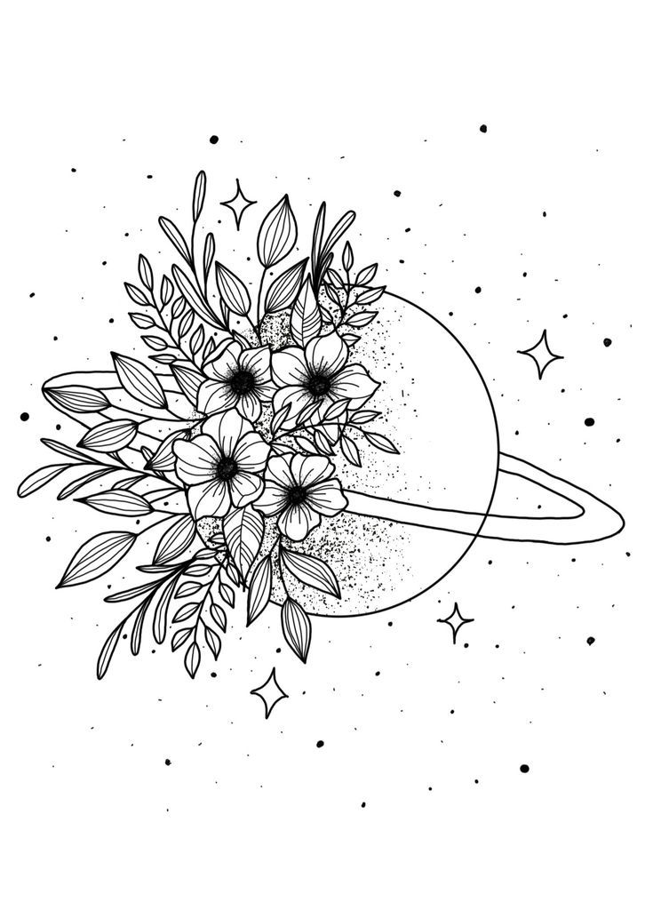 a black and white drawing of flowers in front of the moon with stars around it