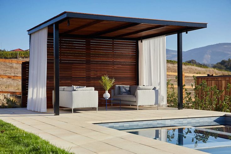 an outdoor living area next to a swimming pool