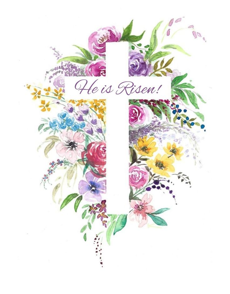 a cross with flowers and the words he is risen