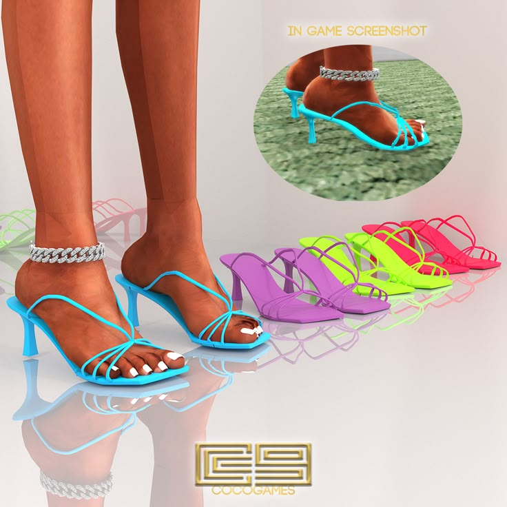 a woman's legs and feet wearing high heels with chains on the ankles, all in different colors