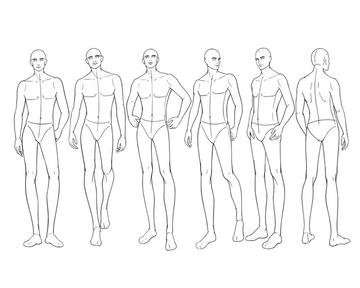 a line drawing of men's body shapes from the front to the back, all in different positions