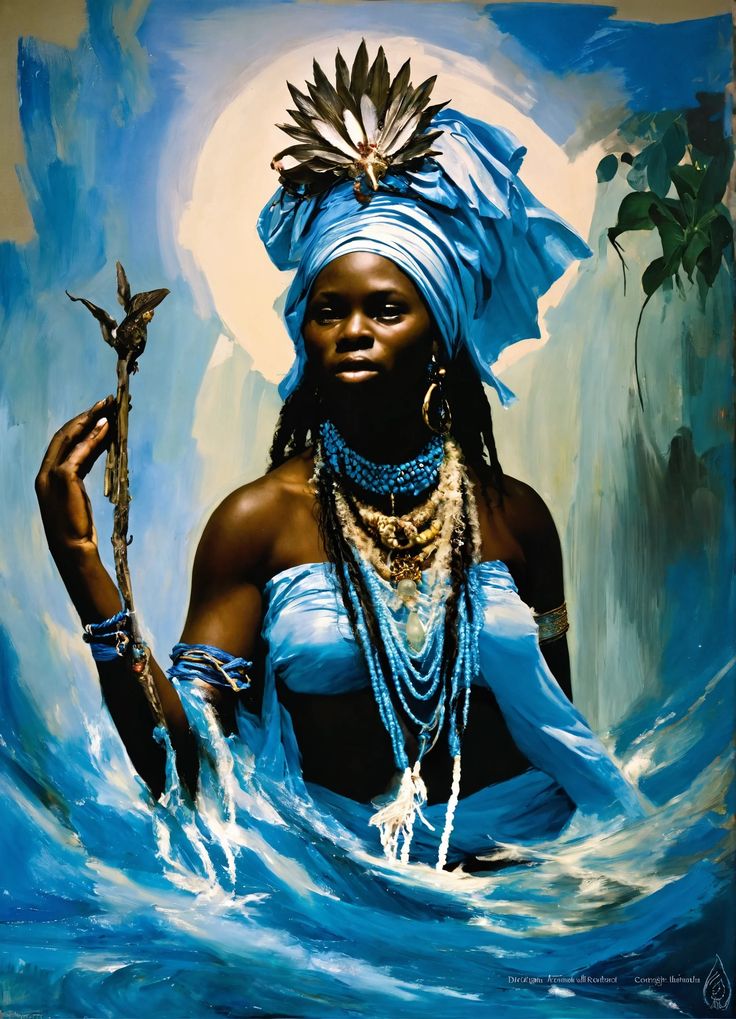 a painting of a woman in blue dress and headdress, holding a stick