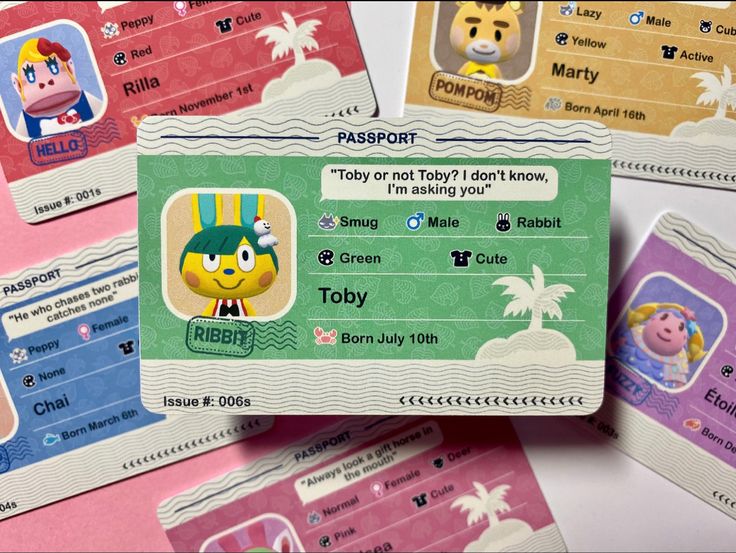 several cartoon id cards are stacked on top of each other in order to be used