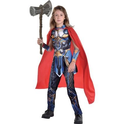 Suit up your mini God for an exciting birthday or Halloween quest with this officially licensed Thor costume. It includes a full cape an armor belt and a pair of gauntlets all paired with a jumpsuit with printed designs. Kids' Thor Costume product details:  Jumpsuit  Stand-up collar Sleeveless Printed design Rear hook-and-loop closures   Cape  Secures to jumpsuit with hook-and-loop tape Attached discs with lenticular lightning bolt effect   Belt  Printed design Rear hook-and-loop closures   Gaun Kids Thor Costume, Thor Halloween Costume, Halloween Costumes Party City, Marvel Halloween, Armor Belt, Thor Costume, Party City Costumes, Costume Disney, Cape Costume