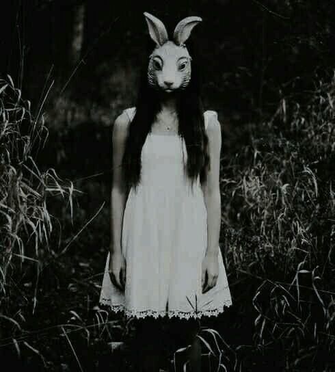 a woman with long hair wearing a bunny mask