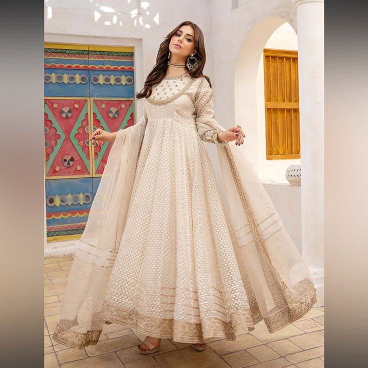 Size Medium Brand Charisma Festive Beige Cutdana Dress, Festive Cream Cutdana Dress, Off White Semi-stitched Anarkali Dress, Off White Anarkali Dress With Resham Embroidery, Off White Georgette Anarkali Dress, Fitted Off White Georgette Dress, Off White Fitted Georgette Dress, Fitted Off-white Georgette Dress, Cream Fitted Dress With Cutdana