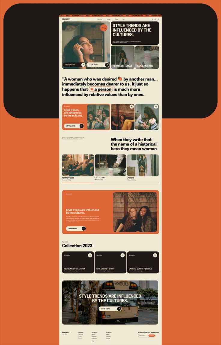 an orange and black web page with several different images on the front, side and back