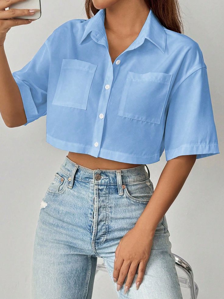 Women's Solid Color Dropped Shoulder Short Sleeve Pocket Loose Casual Cropped Shirt, Summer Blue Casual  Short Sleeve Polyester Plain Shirt Non-Stretch  Women Clothing, size features are:Bust: ,Length: ,Sleeve Length: Crop Tops Simple, Blue Button Down Shirt Outfit Summer, Button Up Short Sleeve Shirt Outfit, Shirt Crop Top Outfits, Camisa Crop Top Outfit, Buttondown Shortsleeve, Cropped Shirt Outfit, Short Sleeve Outfits, Short Sleeve Shirt Outfit