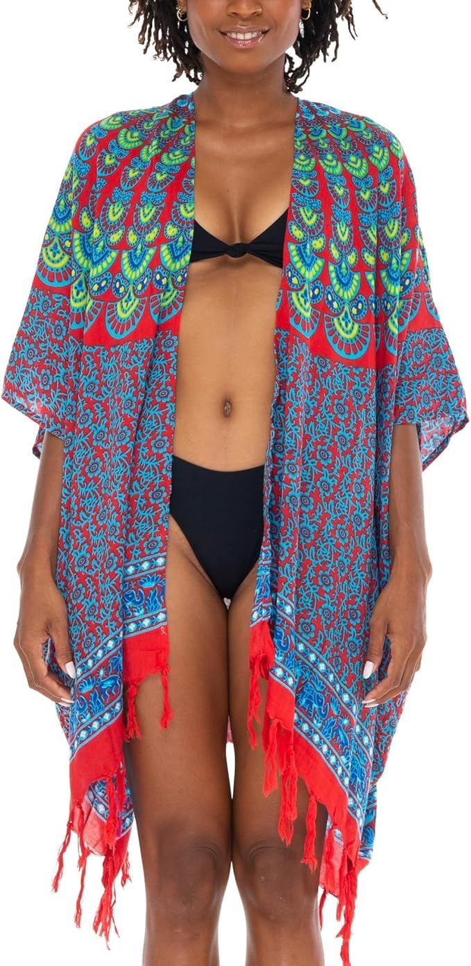 SHU - SHI Kimono Cardigans for Women - Short Beach Robe Boho Fringe Peacock Mandala - Love ShuShi Peacock Mandala, Orange Mandala, Short Boho, Chic Cardigan, Beach Kimono, Fringe Kimono, Beach Attire, Batik Print, Boho Fringe