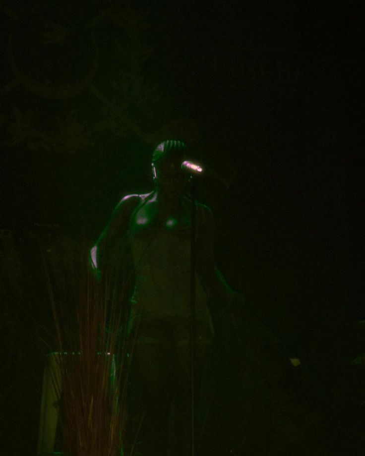 a man standing in front of a microphone on top of a green light filled stage