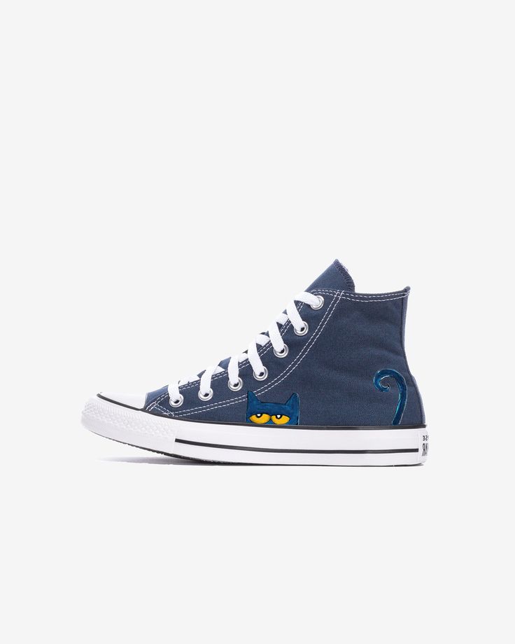 Introducing the I Like My Blue Shoes | Pete the Cat Chucks | YOUTH from Androos Art. These stylish kicks are inspired by the beloved Pete the Cat character and feature authentic Converse All-Star construction. Each pair is given a unique makeover, making them one-of-a-kind and perfect for any fashion-forward youth. These shoes are sure to make a statement and turn heads. With their bright colors and unique design, they are sure to be a hit with any young fashionista. Get your pair today at Andro Blue Canvas Shoes With Gum Sole And Round Toe, Pete The Cat Shoes, Sneakers Nike Jordan, Blue Converse, Cat Shoes, Pete The Cat, Sneaker Tee, Cat Character, Converse All Star