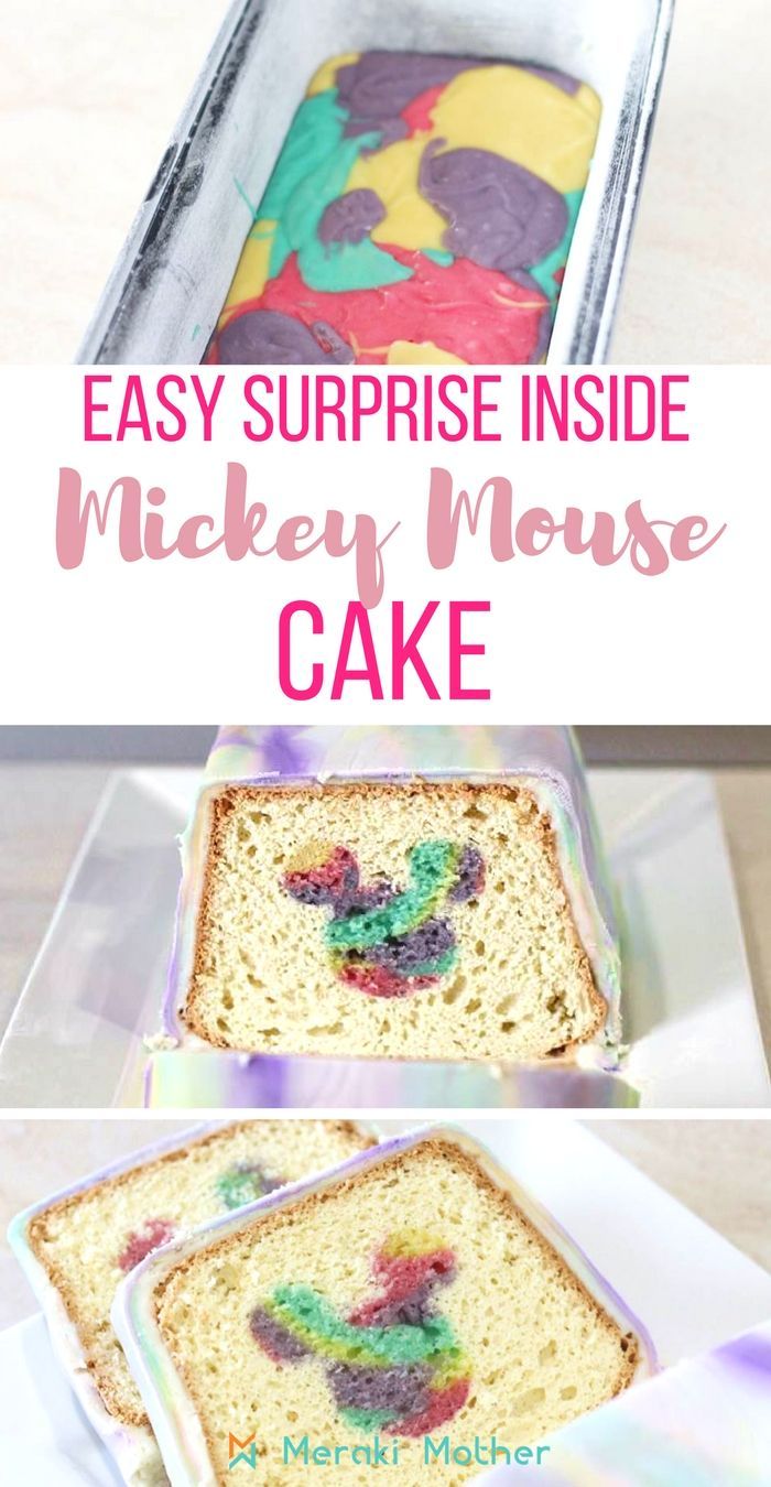 mickey mouse cake in a pan with the words easy surprise inside it and an image of mickey