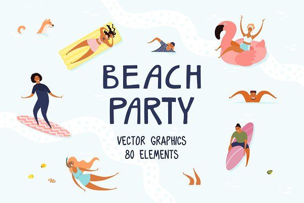 beach party with people on the water and inflatables, sunbathers, surfboards