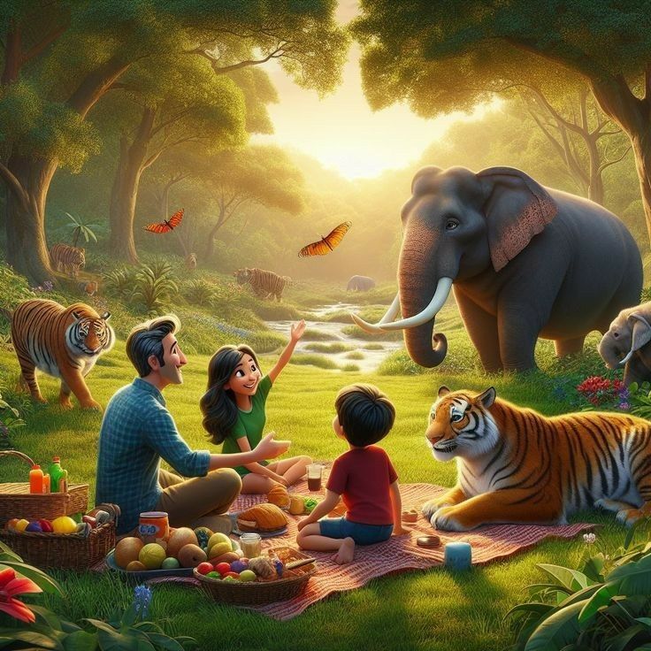 a family picnics with an elephant, tiger and other animals in the forest at sunset