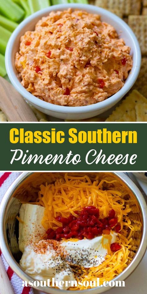 two pictures with different types of dips in them and the words classic southern pinenut cheese