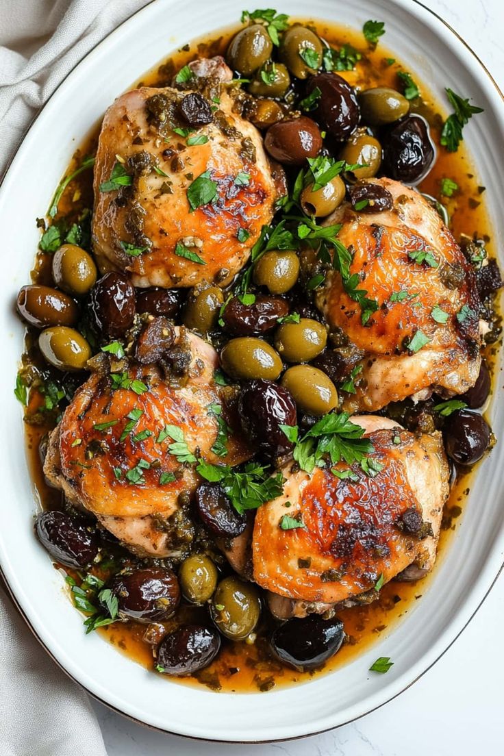 a white plate topped with chicken and olives