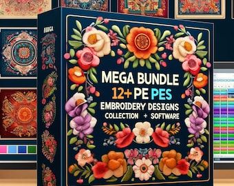 the mega bundle includes 12 embroidery designs, including flowers and other decorative artwork on display