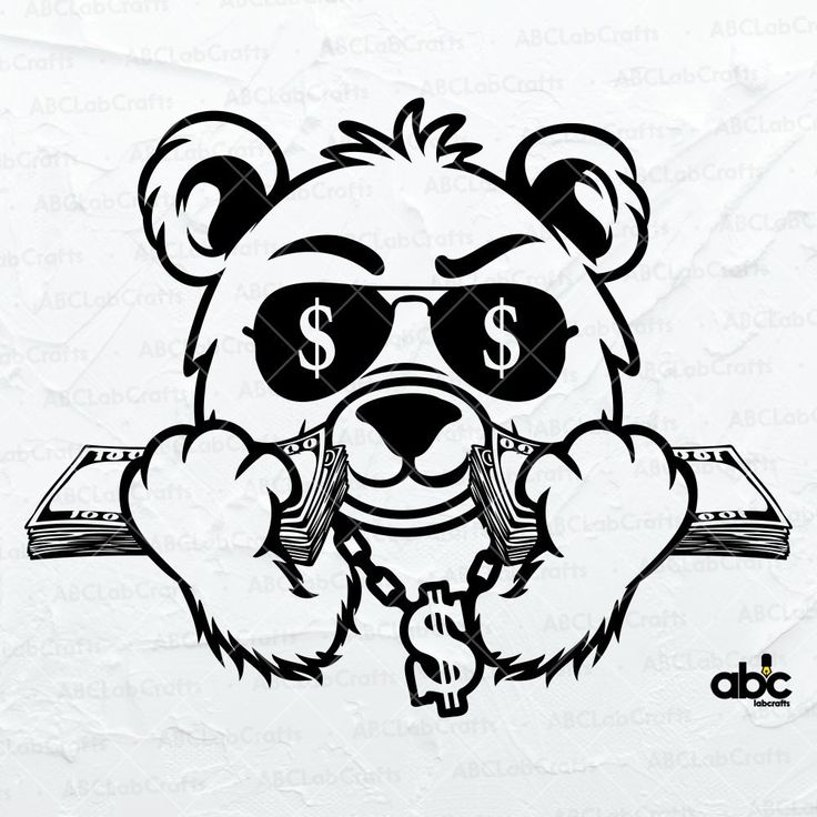 a panda bear with sunglasses and money on it's face, holding a pair of scissors