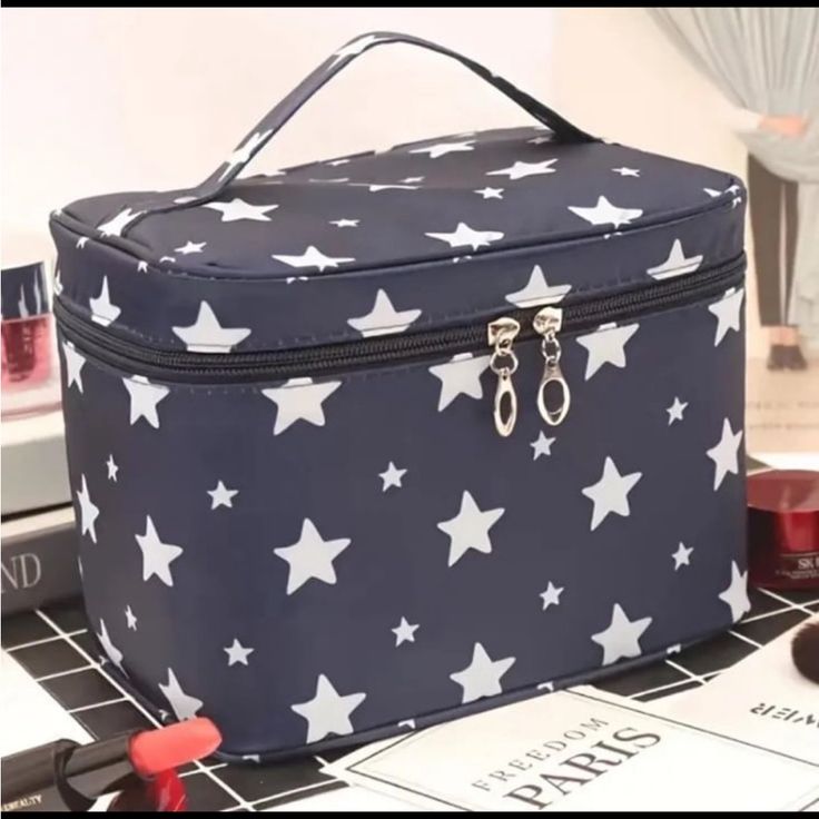 Brand New Train Case Pretty Dark Blue With White Stars Roomy Inside With Zippered Mesh Pocket For Small Items ~ Double Zipper Closure And Handle On Top For Carrying 8 3.4” W X 6” D X 5 1/2” H Leather Makeup Pouch, Makeup Storage Bag, Foldable Bag, Gel Set, Cosmetic Bag Set, Toiletries Organization, Waterproof Makeup, Travel Toiletries, Toiletry Bag Travel