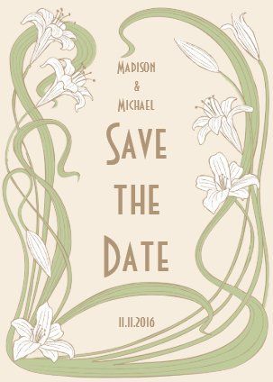 save the date card with white flowers and green vines on beige background, in an ornate frame