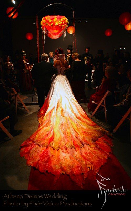 Masquerade Inspiration: Beautiful Fire-Inspired Wedding Gown Train | Shared by LION..so cool looking!! Gaun Abad Pertengahan, Firefighter Wedding, Fantasy Dresses, Fantasy Gowns, A Wedding Dress, Beauty Dress, Gothic Wedding, Fantasy Dress, Halloween Wedding