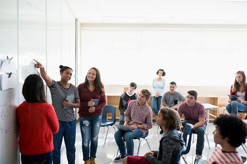 a group of people sitting around each other in a room with whiteboards on the wall