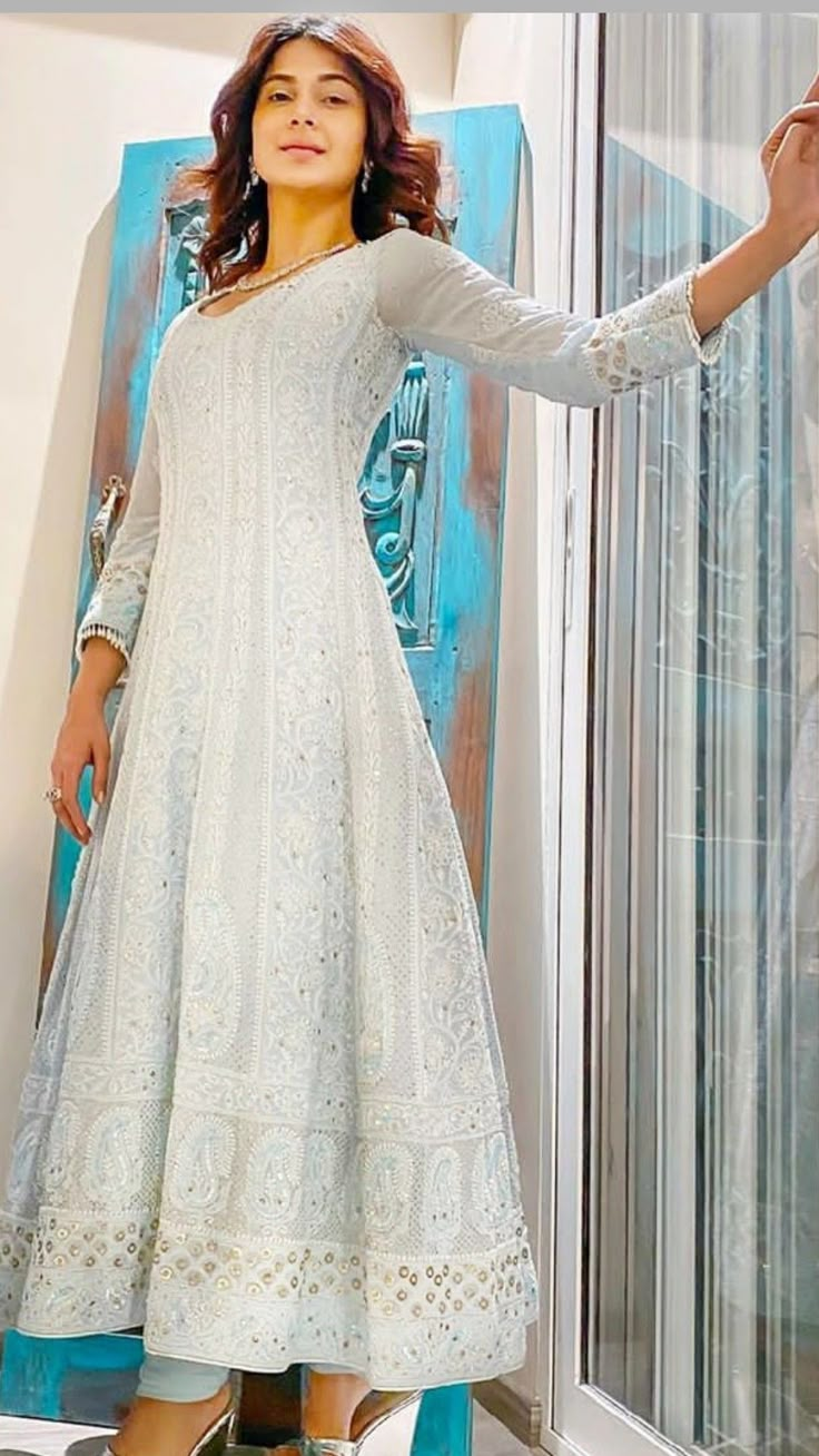 Chikenkari Dress Ideas Anarkali, Chickenkari Anarkali Suits, White Anarkali Suits Classy, Chicken Kurti Designs, Chicken Anarkali, Chicken Kari Dress, Types Of Necklines Dresses, White Anarkali Dress, Chikankari Anarkali Suits