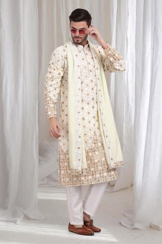 Ivory lime cotton kurta with floral motif embroidery. Paired with a matching dupatta with embroidered border and a solid pant. - Aza Fashions Off White Traditional Wear For Spring Festive, Cream Traditional Wear With Resham Embroidery For Spring, Off White Embroidered Traditional Wear For Spring, Pista Green Cotton Sherwani For Wedding, Spring Traditional Wear With Resham Embroidery In Cream, Embroidered Off White Traditional Wear For Spring, Embroidered Off-white Traditional Wear For Spring, Spring Cream Traditional Wear With Resham Embroidery, Wedding Sherwani In Pista Green Cotton