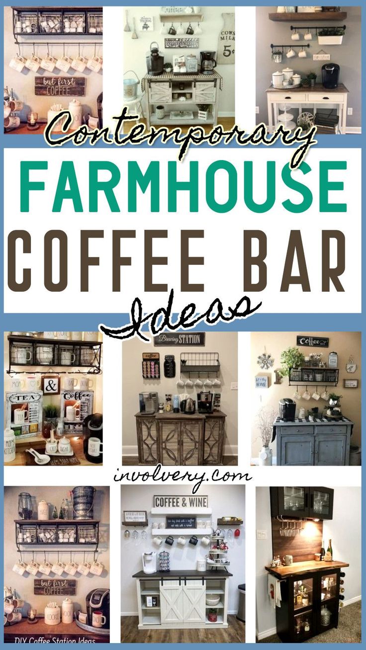 a collage of coffee bar images with the words contemporary farmhouse coffee bar on it